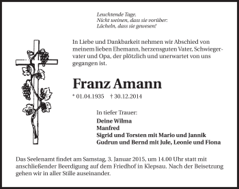 Traueranzeige von Franz Amann 