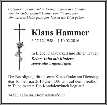 Traueranzeige von Klaus Hammer 