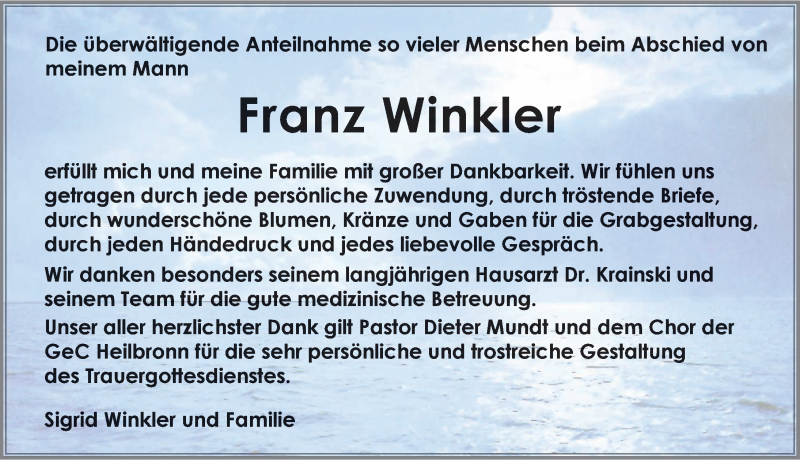  Traueranzeige für Franz Winkler vom 21.03.2015 aus 