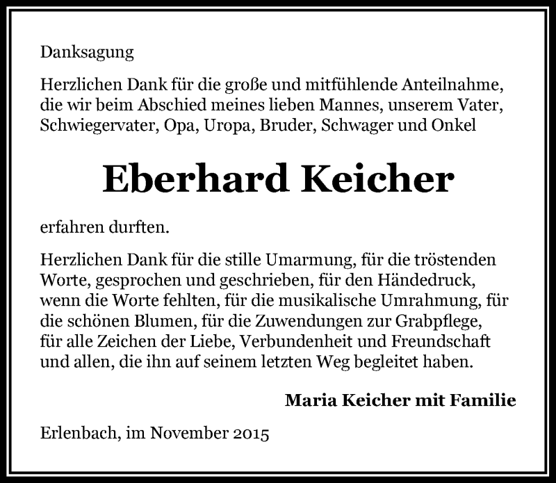  Traueranzeige für Eberhard Keicher vom 20.11.2015 aus 