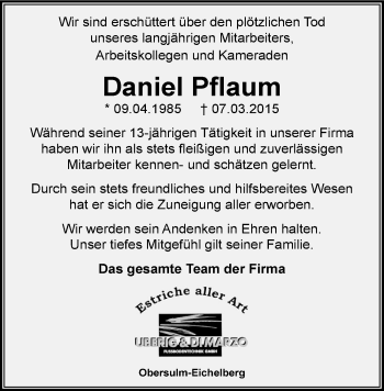 Traueranzeige von Daniel Pflaum 