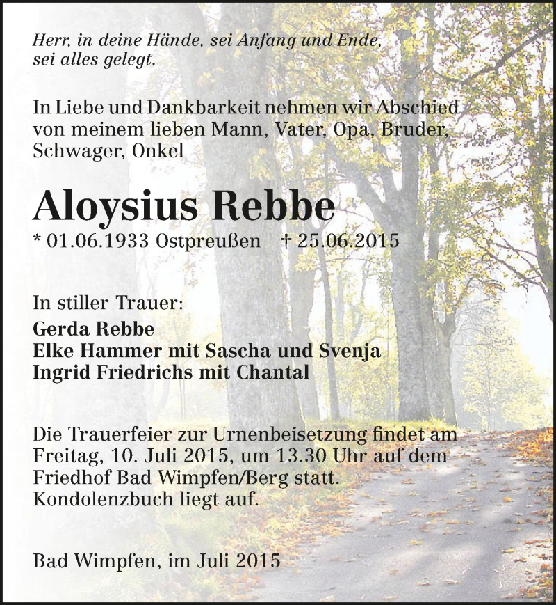  Traueranzeige für Aloysius Rebbe vom 03.07.2015 aus 