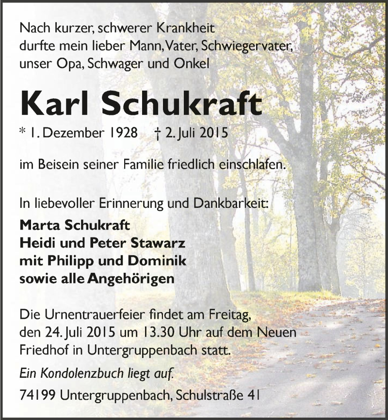  Traueranzeige für Karl Schukraft vom 21.07.2015 aus 