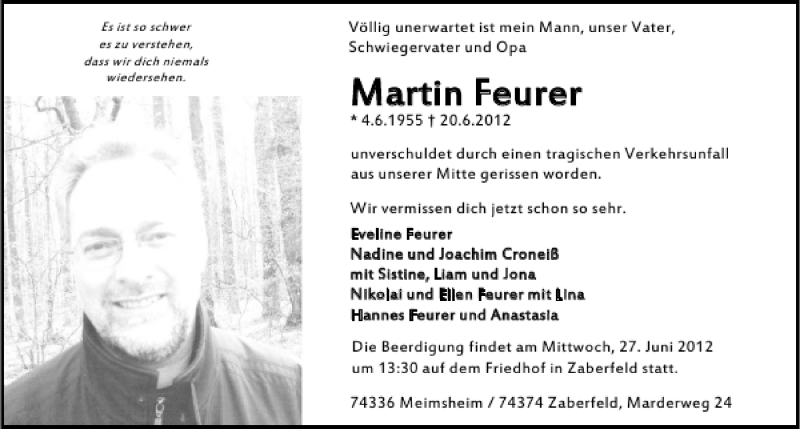  Traueranzeige für Martin Feurer vom 25.06.2012 aus 