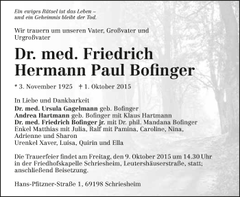 Traueranzeige von Friedrich Hermann Paul Bofinger 