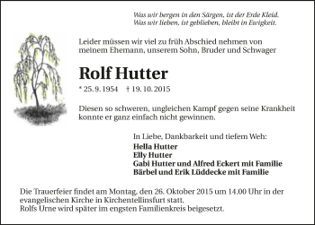 Traueranzeige von Rolf Hutter 