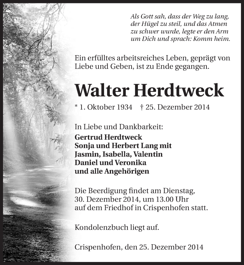  Traueranzeige für Walter Herdtweck vom 27.12.2014 aus 