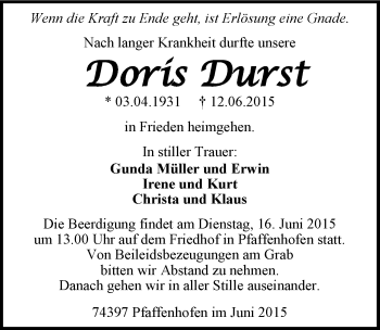 Traueranzeige von Doris Durst 