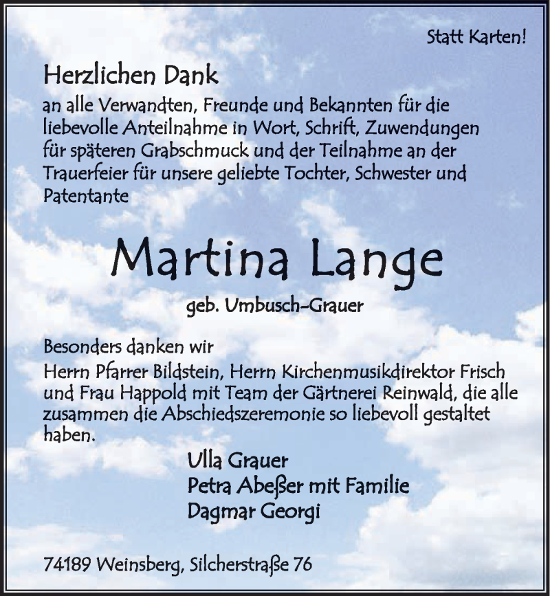  Traueranzeige für Martina Lange vom 04.04.2015 aus 