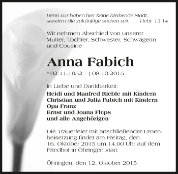 Traueranzeige von Anna Fabich 