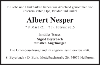 Traueranzeige von Albert Nesper 