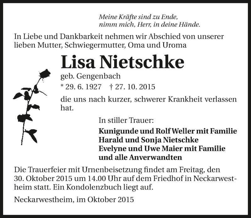  Traueranzeige für Lisa Nietschke vom 28.10.2015 aus 