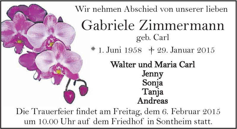  Traueranzeige für Gabriele Zimmermann vom 03.02.2015 aus 