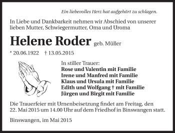 Traueranzeige von Helene Roder 