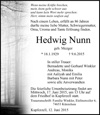 Traueranzeige von Hedwig Nunn 