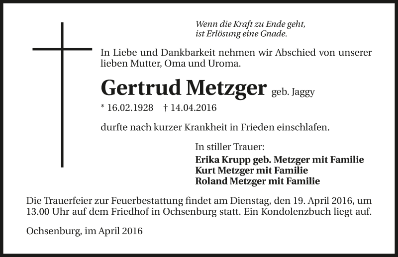  Traueranzeige für Gertrud Metzger vom 16.04.2016 aus 