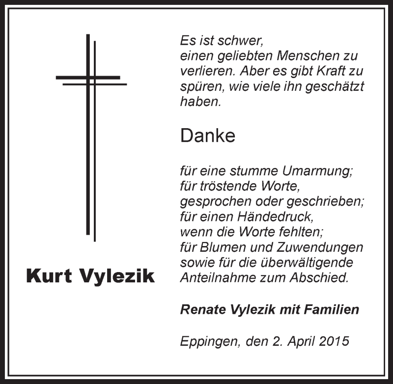  Traueranzeige für Kurt Vylezik vom 02.04.2015 aus 