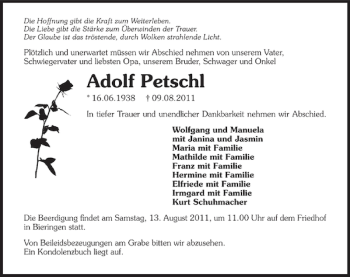 Traueranzeige von Adolf Petschl 