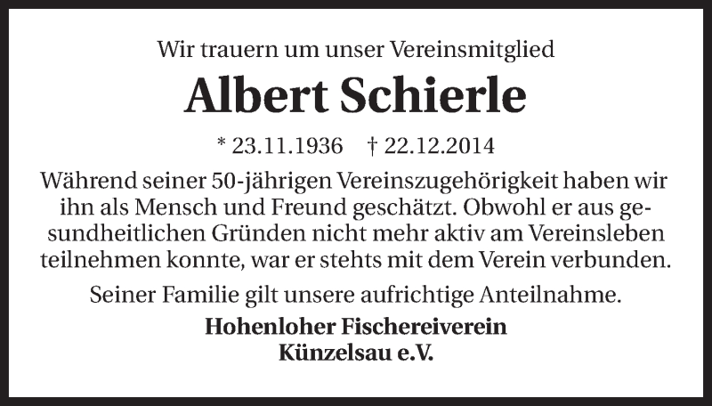  Traueranzeige für Albert Schierle vom 30.12.2014 aus 