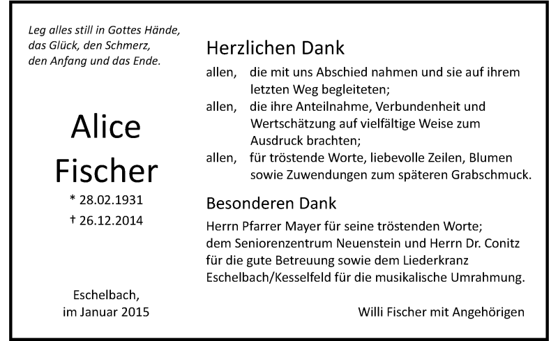  Traueranzeige für Alice Fischer vom 27.01.2015 aus 