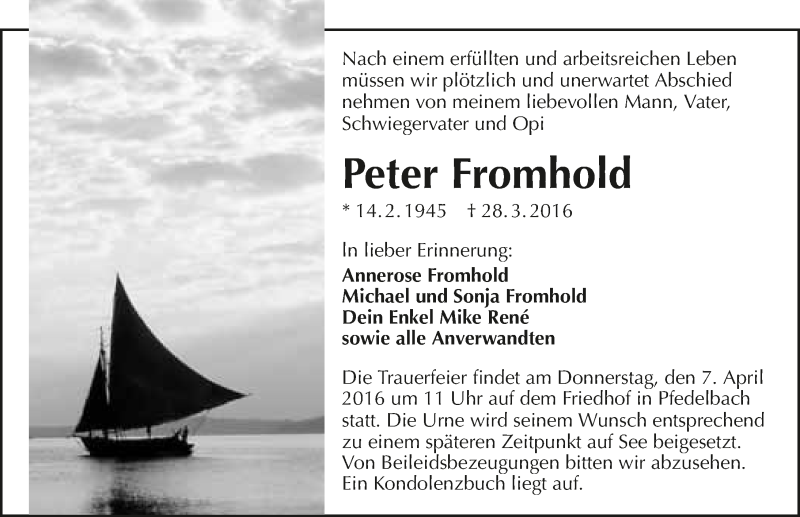  Traueranzeige für Peter Fromhold vom 02.04.2016 aus 