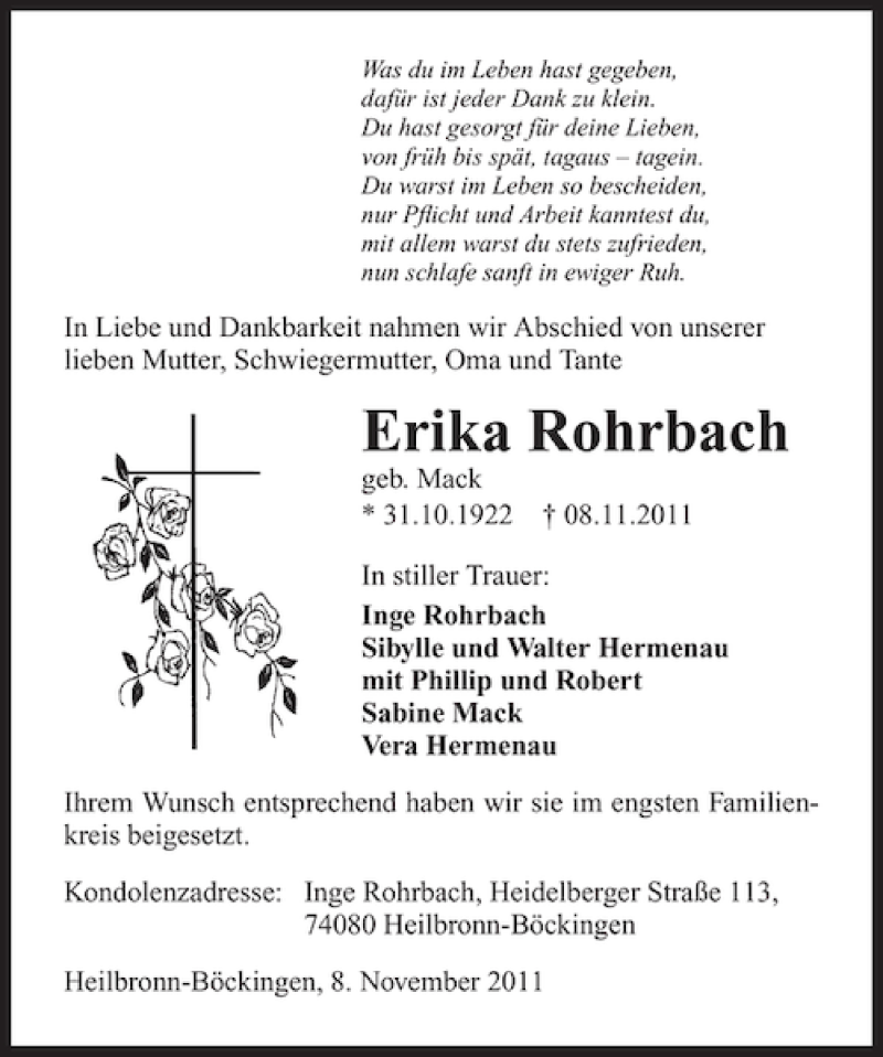  Traueranzeige für Erika Rohrbach vom 12.11.2011 aus 