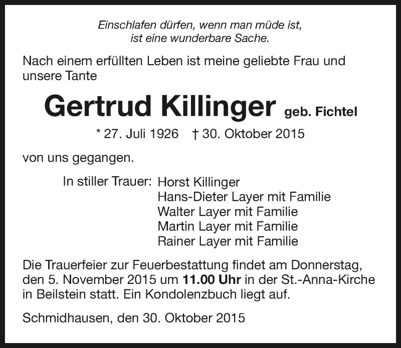  Traueranzeige für Gertrud Killinger vom 03.11.2015 aus 