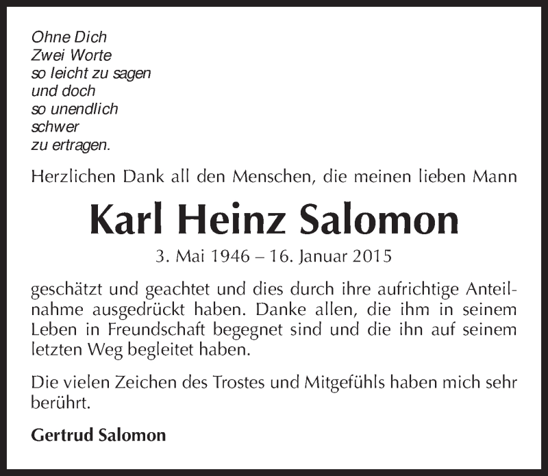  Traueranzeige für Karl Heinz Salomon vom 05.02.2015 aus 