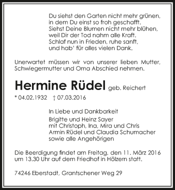Traueranzeige von Hermine Rüdel 