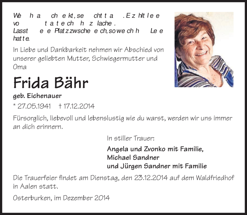  Traueranzeige für Frida Bähr vom 20.12.2014 aus 