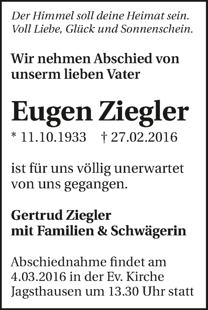  Traueranzeige für Eugen Ziegler vom 03.03.2016 aus 