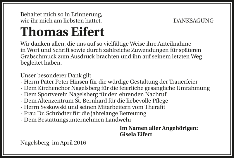 Traueranzeige für Thomas Eifert vom 16.04.2016 aus 