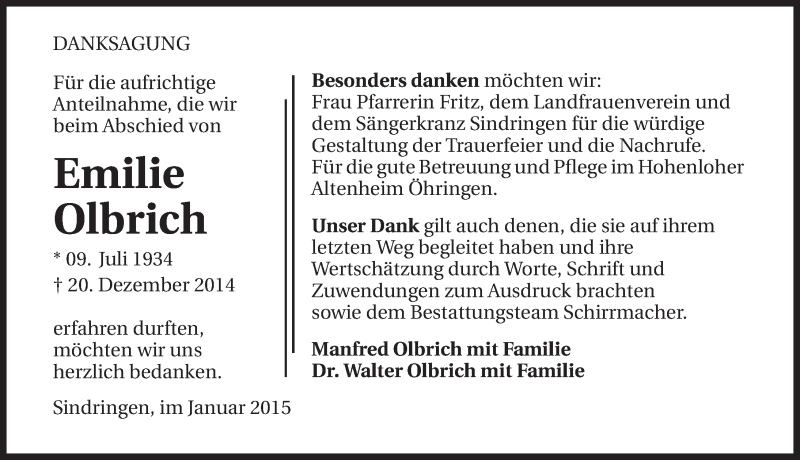  Traueranzeige für Emilie Olbrich vom 23.01.2015 aus 