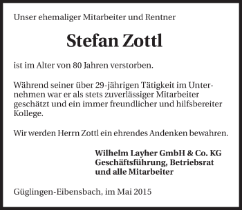 Traueranzeige von Stefan Zottl 