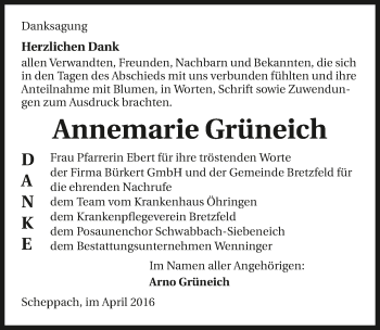 Traueranzeige von Annemarie Grüneich 