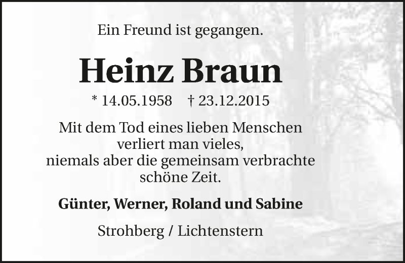  Traueranzeige für Heinz Braun vom 29.01.2016 aus 