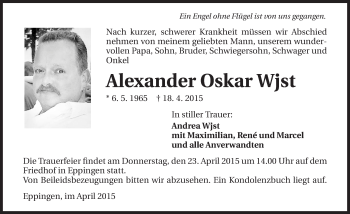 Traueranzeige von Alexander Oskar Wjst 