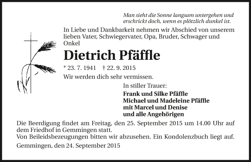  Traueranzeige für Dietrich Pfäffle vom 24.09.2015 aus 