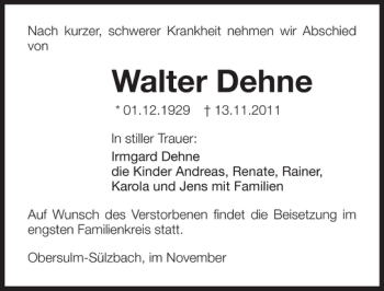 Traueranzeige von Walter Dehne 