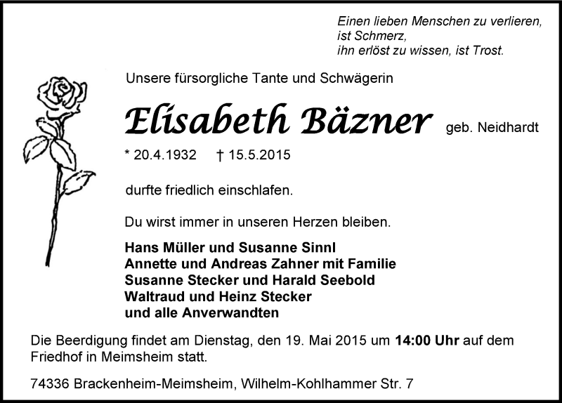  Traueranzeige für Elisabeth Bäzner vom 18.05.2015 aus 