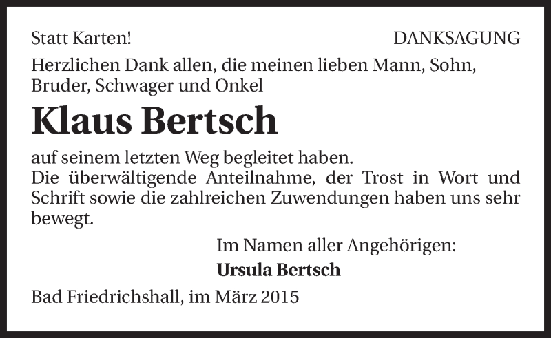  Traueranzeige für Klaus Bertsch vom 14.03.2015 aus 