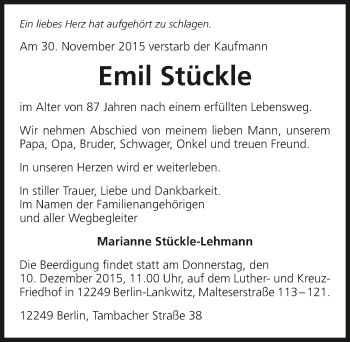 Traueranzeige von Emil Stückle 