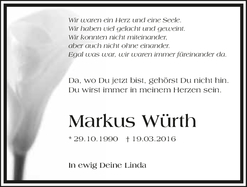  Traueranzeige für Markus Würth vom 22.03.2016 aus 