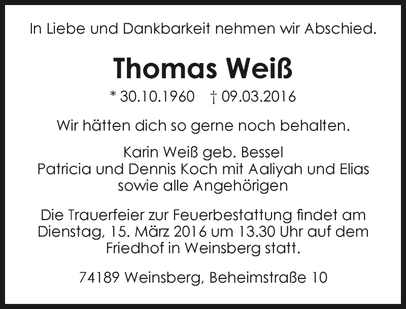  Traueranzeige für Thomas Weiß vom 12.03.2016 aus 