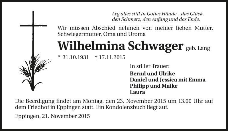  Traueranzeige für Wilhelmina Schwager vom 21.11.2015 aus 