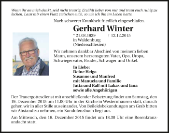 Traueranzeige von Gerhard Winter 