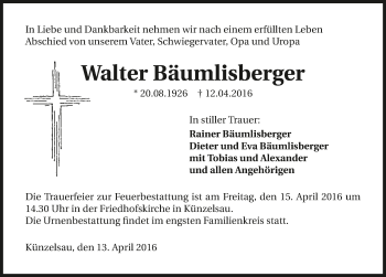 Traueranzeige von Walter Bäumlisberger 