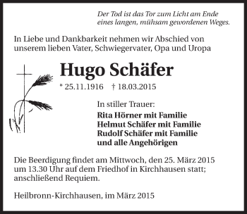 Traueranzeige von Hugo Schäfer 