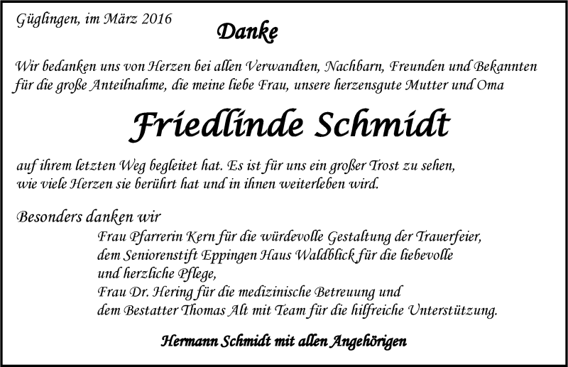  Traueranzeige für Friedlinde Schmidt vom 05.03.2016 aus 
