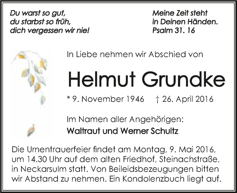 Traueranzeige für Helmut Grundke vom 04.05.2016 aus 
